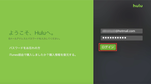 Huluに登録したメールアドレスとパスワードを入力する
