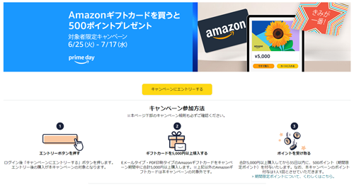 Amazonギフトカードを買うと500ポイントプレゼントキャンペーン