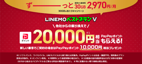 「LINEMOベストプランV」に他社から乗り換えでPayPayポイントが2万円相当分もらえるキャンペーンが開始