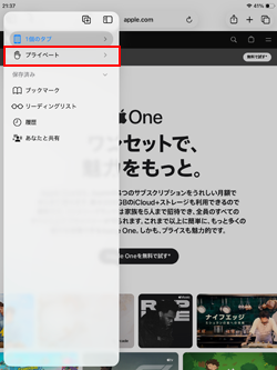 iPadのSafariで「プライベート」をタップする